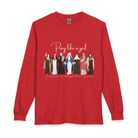 Load image into Gallery viewer, Pray Like a Girl Female Catholic Saints with Names - Long Sleeve Tee