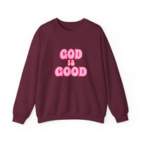 Load image into Gallery viewer, God Is Good Sweatshirt, Pink Retro Shirt, Christian Women&#39;s Faith, Crewneck Pullover
