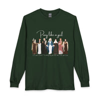 Load image into Gallery viewer, Pray Like a Girl Female Catholic Saints with Names - Long Sleeve Tee