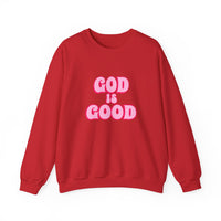 Load image into Gallery viewer, God Is Good Sweatshirt, Pink Retro Shirt, Christian Women&#39;s Faith, Crewneck Pullover
