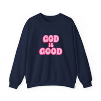 Load image into Gallery viewer, God Is Good Sweatshirt, Pink Retro Shirt, Christian Women&#39;s Faith, Crewneck Pullover

