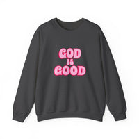 Load image into Gallery viewer, God Is Good Sweatshirt, Pink Retro Shirt, Christian Women&#39;s Faith, Crewneck Pullover
