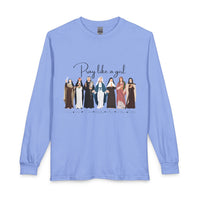 Load image into Gallery viewer, Pray Like a Girl Female Catholic Saints with Names - Long Sleeve Tee
