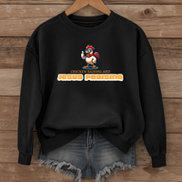 Load image into Gallery viewer, Chicken Raising and Jesus Praising Sweatshirt, Funny Christian Farm Pullover, Faith Based Country Humor Gift