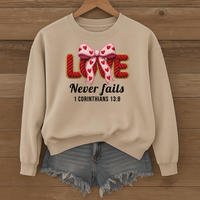 Load image into Gallery viewer, Love Never Fails Christian Sweatshirt, Faith Based Women's Valentine Gift, Yarn Bow Coquette Design, Corinthians 13:8