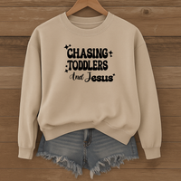Load image into Gallery viewer, Chasing Toddlers and Jesus, Christian Sweatshirt, Funny Christian, Mom Life Faith Pullover, Gift for Parents