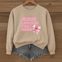 Load image into Gallery viewer, Jesus Loves Me This I Know, Christian Sweatshirt, Women's Faith, Coquette Pink Bow Shirt, Valentines Gift