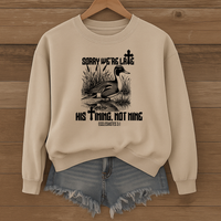 Load image into Gallery viewer, Christian Sweatshirt, Sorry We're Late, His Timing Not Mine, Bible Verse Shirt, Ecclesiastes 3:1, Christian Duck Shirt