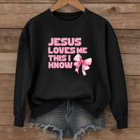 Load image into Gallery viewer, Jesus Loves Me This I Know, Christian Sweatshirt, Women's Faith, Coquette Pink Bow Shirt, Valentines Gift