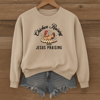 Load image into Gallery viewer, Chicken Raising and Jesus Praising Sweatshirt, Funny Christian Farm Pullover, Faith Based Country Humor Gift