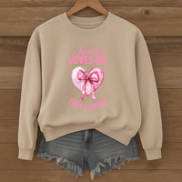 Load image into Gallery viewer, Jesus Loves Me This I Know, Christian Sweatshirt, Women's Faith, Coquette Pink Bow Shirt, Valentines Gift