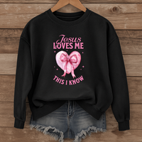 Load image into Gallery viewer, Jesus Loves Me This I Know, Christian Sweatshirt, Women's Faith, Coquette Pink Bow Shirt, Valentines Gift