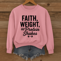 Load image into Gallery viewer, Faith Weights And Protein Shakes, Gym Shirt, Workout Fitness Apparel, Christian Sweatshirt