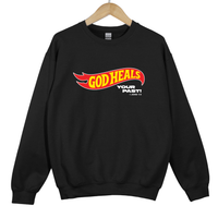 Load image into Gallery viewer, God Heals Your Past, Christian Sweatshirt, Bible Verse Shirt, Retro Flame Christian, Faith Inspired Shirt