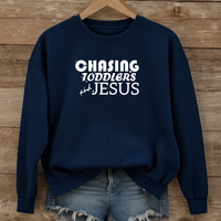 Load image into Gallery viewer, Chasing Toddlers and Jesus Sweatshirt, Funny Christian Shirt, Unisex Faith Pullover for Parents