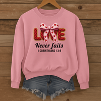 Load image into Gallery viewer, Love Never Fails Christian Sweatshirt, Faith Based Women's Valentine Gift, Yarn Bow Coquette Design, Corinthians 13:8