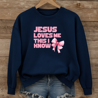 Load image into Gallery viewer, Jesus Loves Me This I Know, Christian Sweatshirt, Women's Faith, Coquette Pink Bow Shirt, Valentines Gift