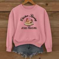 Load image into Gallery viewer, Chicken Raising and Jesus Praising Sweatshirt, Funny Christian Farm Pullover, Faith Based Country Humor Gift
