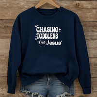 Load image into Gallery viewer, Chasing Toddlers and Jesus, Christian Sweatshirt, Funny Christian, Mom Life Faith Pullover, Gift for Parents
