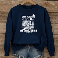 Load image into Gallery viewer, Christian Sweatshirt, Sorry We're Late, His Timing Not Mine, Bible Verse Shirt, Ecclesiastes 3:1, Christian Duck Shirt