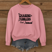 Load image into Gallery viewer, Chasing Toddlers and Jesus, Christian Sweatshirt, Funny Christian, Mom Life Faith Pullover, Gift for Parents