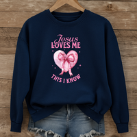 Load image into Gallery viewer, Jesus Loves Me This I Know, Christian Sweatshirt, Women's Faith, Coquette Pink Bow Shirt, Valentines Gift
