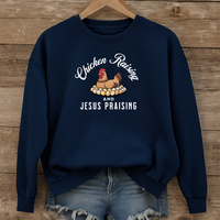 Load image into Gallery viewer, Chicken Raising and Jesus Praising Sweatshirt, Funny Christian Farm Pullover, Faith Based Country Humor Gift