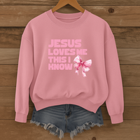 Load image into Gallery viewer, Jesus Loves Me This I Know, Christian Sweatshirt, Women's Faith, Coquette Pink Bow Shirt, Valentines Gift
