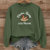 Load image into Gallery viewer, Chicken Raising and Jesus Praising Sweatshirt, Funny Christian Farm Pullover, Faith Based Country Humor Gift