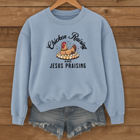 Load image into Gallery viewer, Chicken Raising and Jesus Praising Sweatshirt, Funny Christian Farm Pullover, Faith Based Country Humor Gift