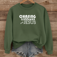 Load image into Gallery viewer, Chasing Toddlers and Jesus Sweatshirt, Funny Christian Shirt, Unisex Faith Pullover for Parents
