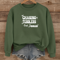 Load image into Gallery viewer, Chasing Toddlers and Jesus, Christian Sweatshirt, Funny Christian, Mom Life Faith Pullover, Gift for Parents