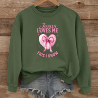 Load image into Gallery viewer, Jesus Loves Me This I Know, Christian Sweatshirt, Women's Faith, Coquette Pink Bow Shirt, Valentines Gift