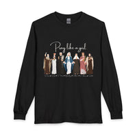 Load image into Gallery viewer, Pray Like a Girl Female Catholic Saints with Names - Long Sleeve Tee