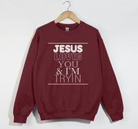 Load image into Gallery viewer, Jesus Loves You And I&#39;m Tryin - Christian Sweatshirt
