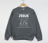 Load image into Gallery viewer, Jesus Loves You And I&#39;m Tryin - Christian Sweatshirt
