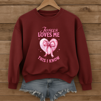 Load image into Gallery viewer, Jesus Loves Me This I Know, Christian Sweatshirt, Women's Faith, Coquette Pink Bow Shirt, Valentines Gift