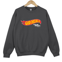 Load image into Gallery viewer, God Heals Your Past, Christian Sweatshirt, Bible Verse Shirt, Retro Flame Christian, Faith Inspired Shirt