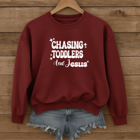 Load image into Gallery viewer, Chasing Toddlers and Jesus, Christian Sweatshirt, Funny Christian, Mom Life Faith Pullover, Gift for Parents