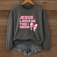 Load image into Gallery viewer, Jesus Loves Me This I Know, Christian Sweatshirt, Women's Faith, Coquette Pink Bow Shirt, Valentines Gift