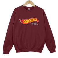 Load image into Gallery viewer, God Heals Your Past, Christian Sweatshirt, Bible Verse Shirt, Retro Flame Christian, Faith Inspired Shirt