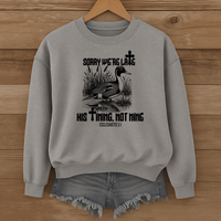 Load image into Gallery viewer, Christian Sweatshirt, Sorry We're Late, His Timing Not Mine, Bible Verse Shirt, Ecclesiastes 3:1, Christian Duck Shirt
