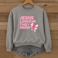 Load image into Gallery viewer, Jesus Loves Me This I Know, Christian Sweatshirt, Women's Faith, Coquette Pink Bow Shirt, Valentines Gift