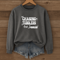 Load image into Gallery viewer, Chasing Toddlers and Jesus, Christian Sweatshirt, Funny Christian, Mom Life Faith Pullover, Gift for Parents