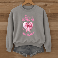 Load image into Gallery viewer, Jesus Loves Me This I Know, Christian Sweatshirt, Women's Faith, Coquette Pink Bow Shirt, Valentines Gift