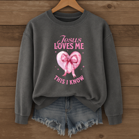 Load image into Gallery viewer, Jesus Loves Me This I Know, Christian Sweatshirt, Women's Faith, Coquette Pink Bow Shirt, Valentines Gift