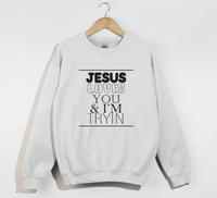 Load image into Gallery viewer, Jesus Loves You And I&#39;m Tryin - Christian Sweatshirt
