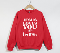 Load image into Gallery viewer, Jesus Loves You And I&#39;m Tryin - Christian Sweatshirt
