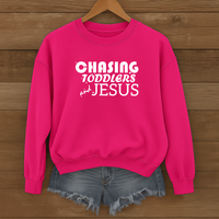 Load image into Gallery viewer, Chasing Toddlers and Jesus Sweatshirt, Funny Christian Shirt, Unisex Faith Pullover for Parents