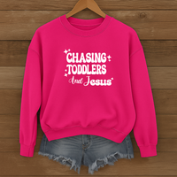 Load image into Gallery viewer, Chasing Toddlers and Jesus, Christian Sweatshirt, Funny Christian, Mom Life Faith Pullover, Gift for Parents